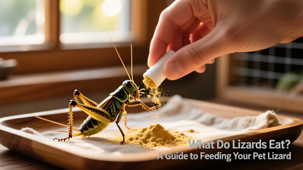 Close-up of a hand dusting crickets with FurPetVo Calcium+D3 supplement powder before feeding