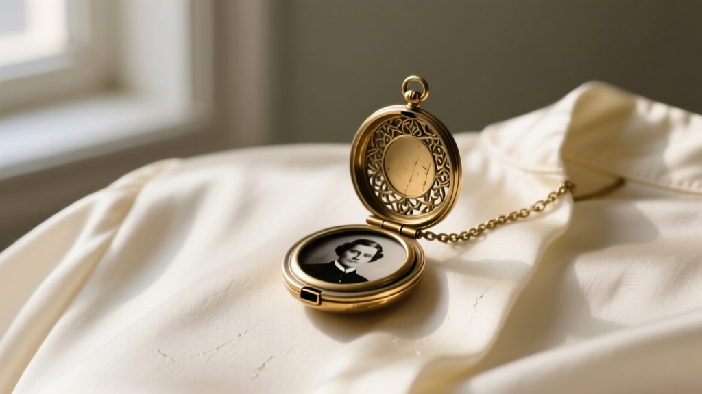 Open vintage brass locket pendant on silk blouse, revealing small black and white portrait inside, soft natural window lighting.