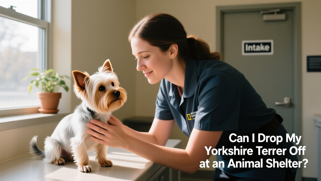 A compassionate shelter staff member gently interacting with a Yorkshire Terrier in a quiet intake room
