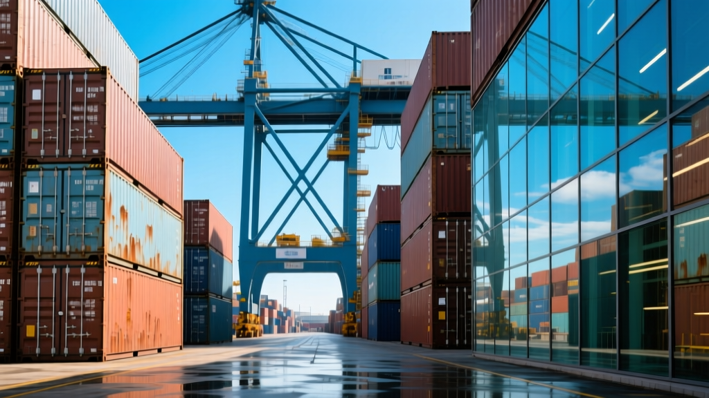Shipping containers stacked at a bustling port with steel beams and glass panels visible, illustrating global trade in construction supplies