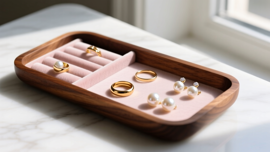 Walnut wood jewelry organizer tray with blush velvet on white marble, holding gold rings and pearl earrings in soft morning light.