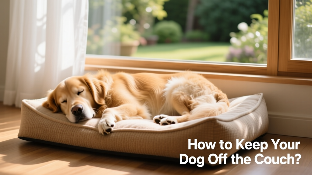 A calm dog resting peacefully on a soft, elevated dog bed beside a sunlit window