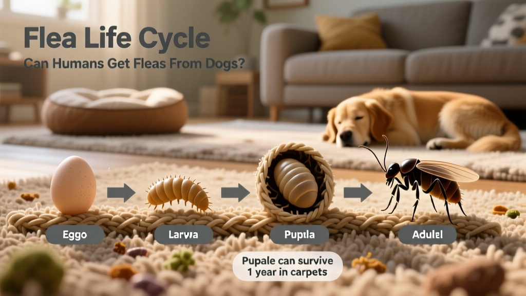 Infographic-style illustration showing flea life cycle stages, emphasizing the resilient pupal stage hidden in carpets