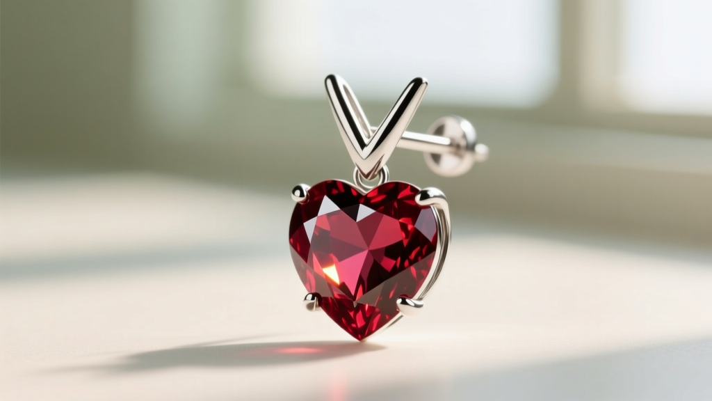 Macro view of a platinum V-prong securing the bottom point of a lab-grown ruby heart earring against a softly blurred background.