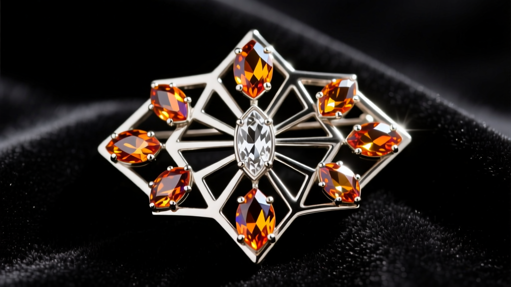 Macro shot of a 1930s Art Deco costume brooch with lead glass rhinestones set in rhodium-plated pot metal on dark velvet.