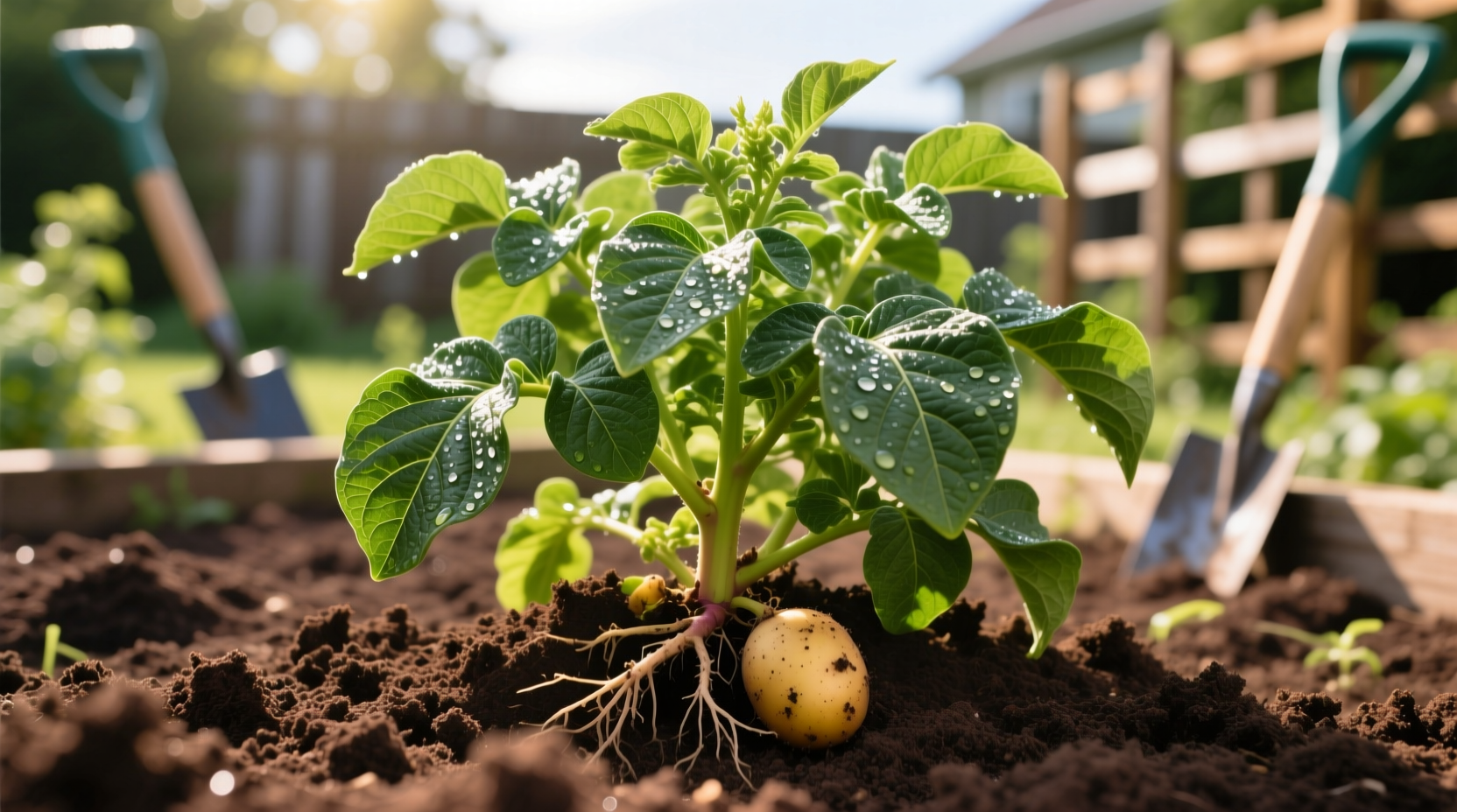 Healthy russet potato plants growing in garden soil