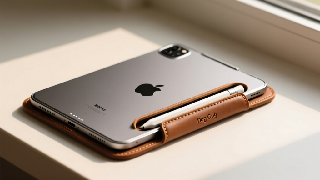 An iPad Mini 7 and Apple Pencil Pro stored flush inside the Brown Dog Gadgets Terrier Slim sleeve, demonstrating the zero-bulge stylus channel.