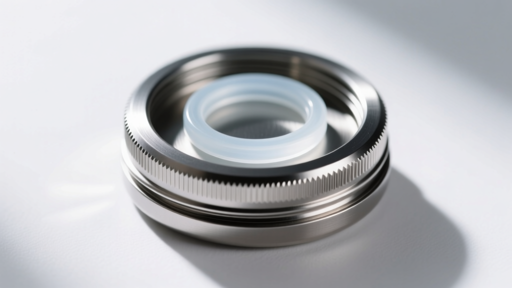 Macro close-up of a titanium pill holder lid revealing precision-cut threads and a translucent silicone waterproof O-ring seal.