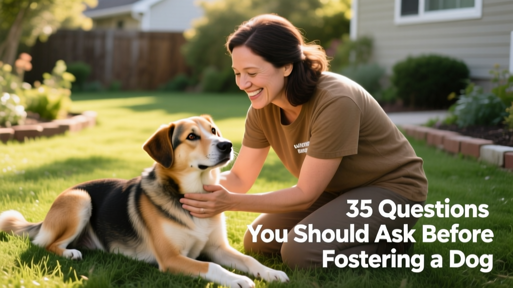 A smiling volunteer gently petting a relaxed, medium-sized mixed-breed dog on a grassy yard