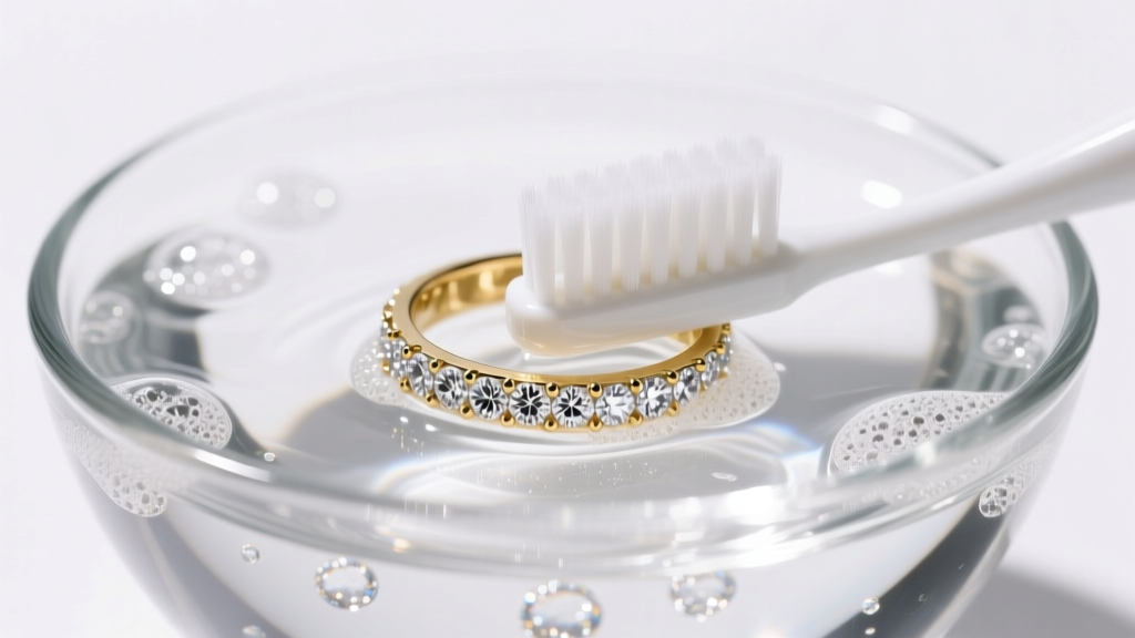 Close-up of a pavé diamond band gently brushed with a soft toothbrush in a glass bowl of soapy water under bright studio lighting