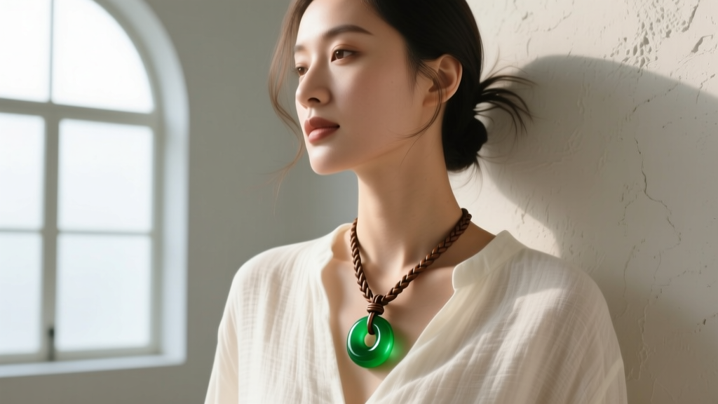 Woman wearing a green jade magatama pendant on a braided leather cord over a linen shirt, captured in soft natural window light.