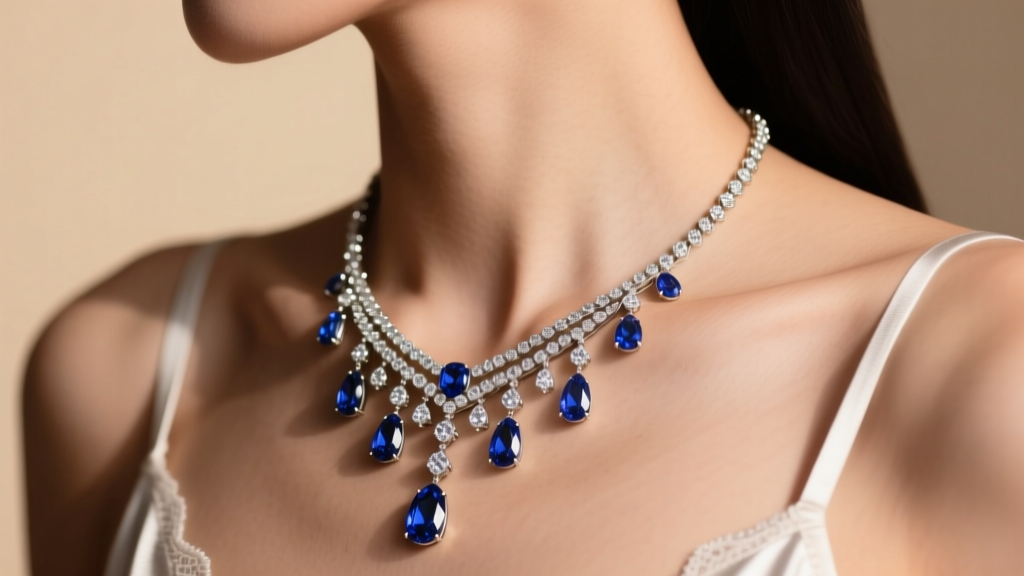 Platinum negligee necklace with sapphire and diamond drops on a collarbone, side view against a blurred warm beige background.