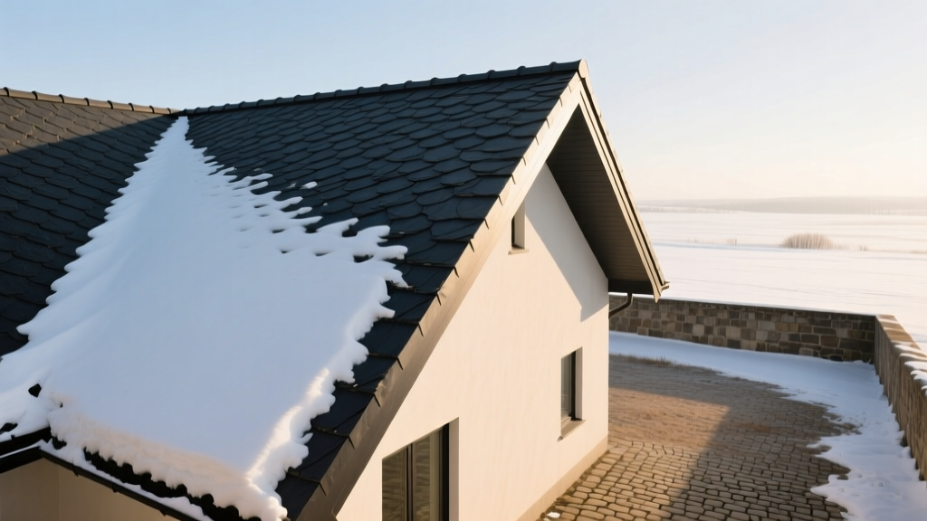 Steep-pitched roof with dark stone-coated steel shingles partially covered in snow, overlooking a dry defensible space