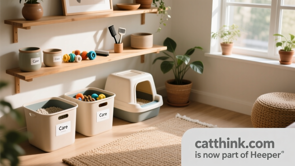 A well-organized cat care station with labeled bins for litter, toys, grooming tools, and food
