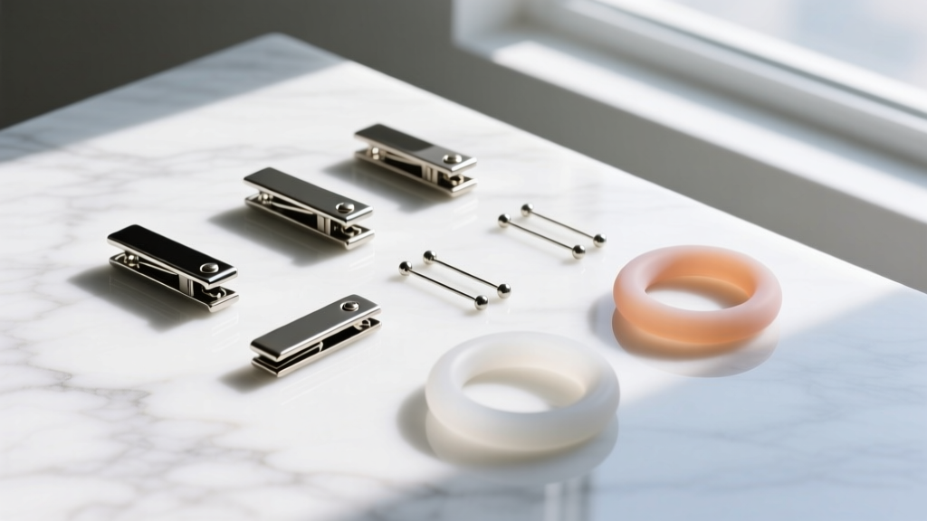 Flat lay of backless hinged clickers, threadless pins, and silicone O-rings neatly arranged on a bright white marble surface