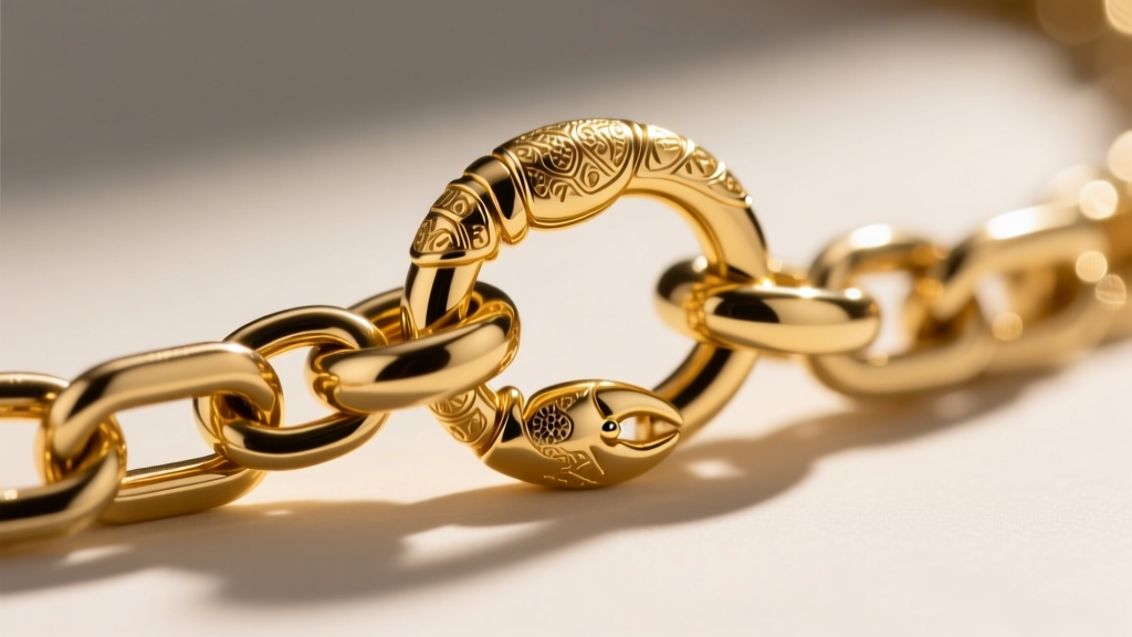 Extreme close-up of a 14k yellow gold lobster clasp securely attached to a reinforced soldered jump ring on a thick box chain.