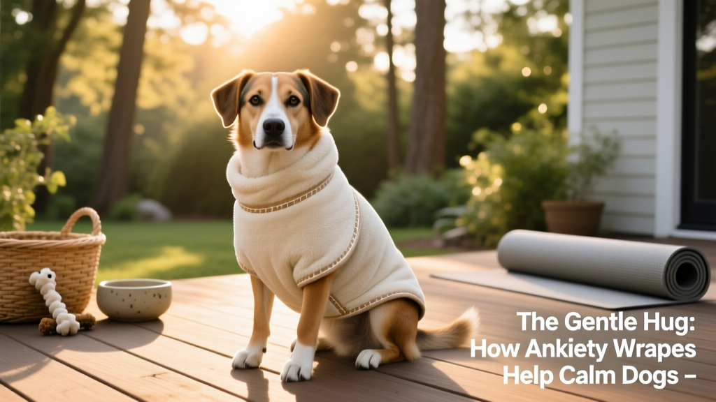 A calm dog wearing a snug, soft anxiety wrap