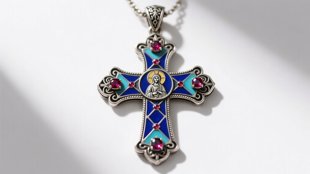 Byzantine-style ornate cross pendant in oxidized silver with blue cloisonné enamel and bezel-set garnets in a bright flat lay.