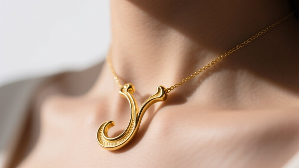 Close-up of a 14k yellow gold wishbone pendant on a collarbone, soft light highlighting textured metal grain and elegant curve.