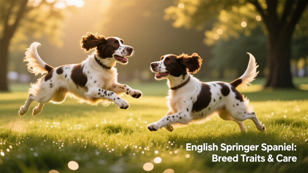 Two English Springer Spaniels playing together in a grassy park, one mid-leap