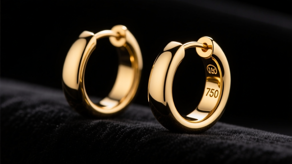 Close-up of 18k yellow gold Italian hoop earrings on dark velvet, highlighting the 750 hallmark stamp under warm studio lighting.