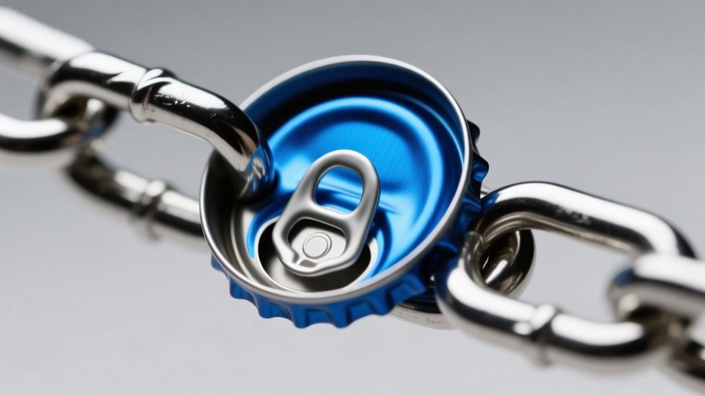 Macro shot of an anodized blue aluminum soda tab woven into a steel chain, showing smooth filed edges and quality metalwork