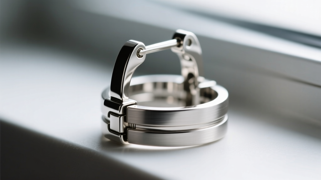 Extreme close-up of a hinged band earring clasp mechanism, showing the tiny interlocking pin and groove completely free of debris.