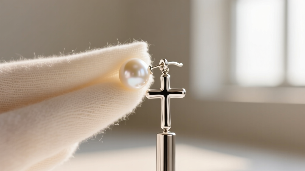 Soft cloth wiping the silver post of a pearl cross earring, avoiding the pearl to prevent damage from harsh metal polishes.