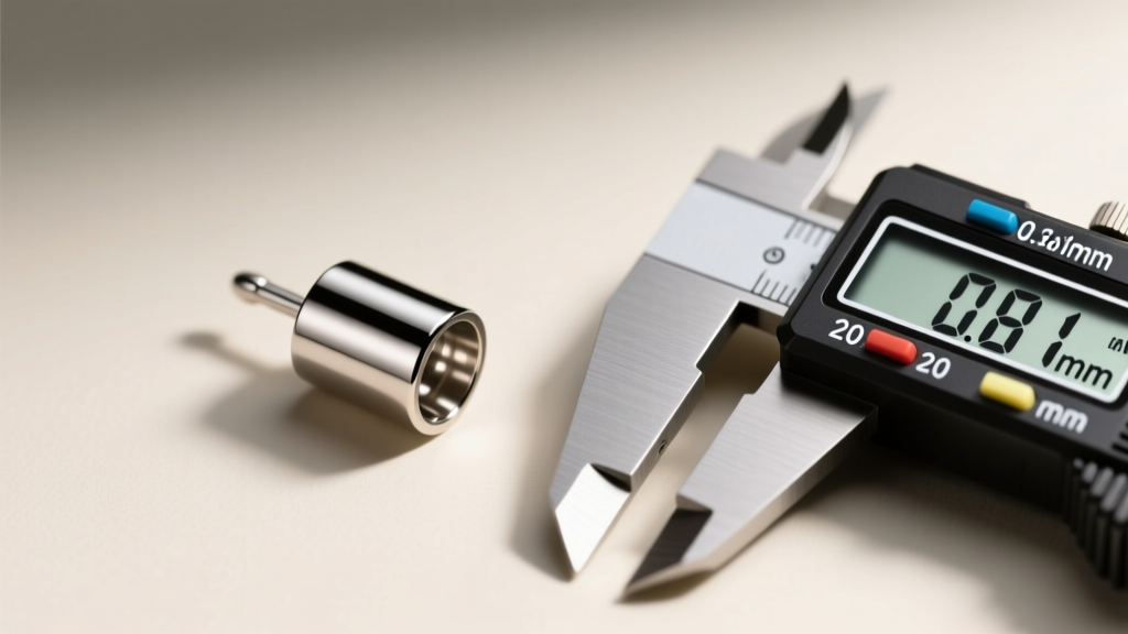 Macro photography of a polished 20 gauge titanium earring post next to a digital caliper reading 0.81mm, studio lighting.