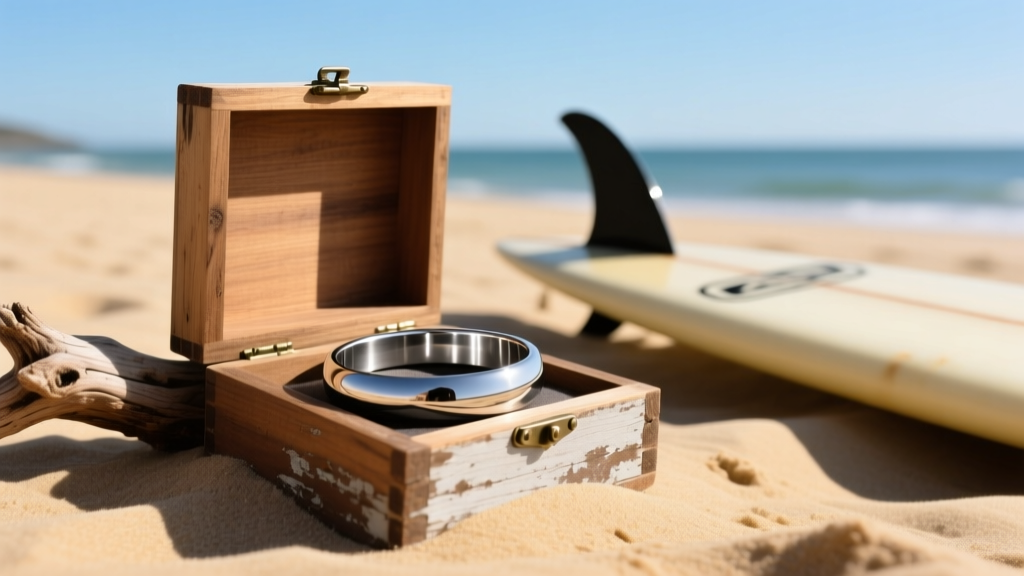 Wooden box holding a polished 316L stainless steel bangle, resting on driftwood beside a surfboard on a sunny, sandy beach