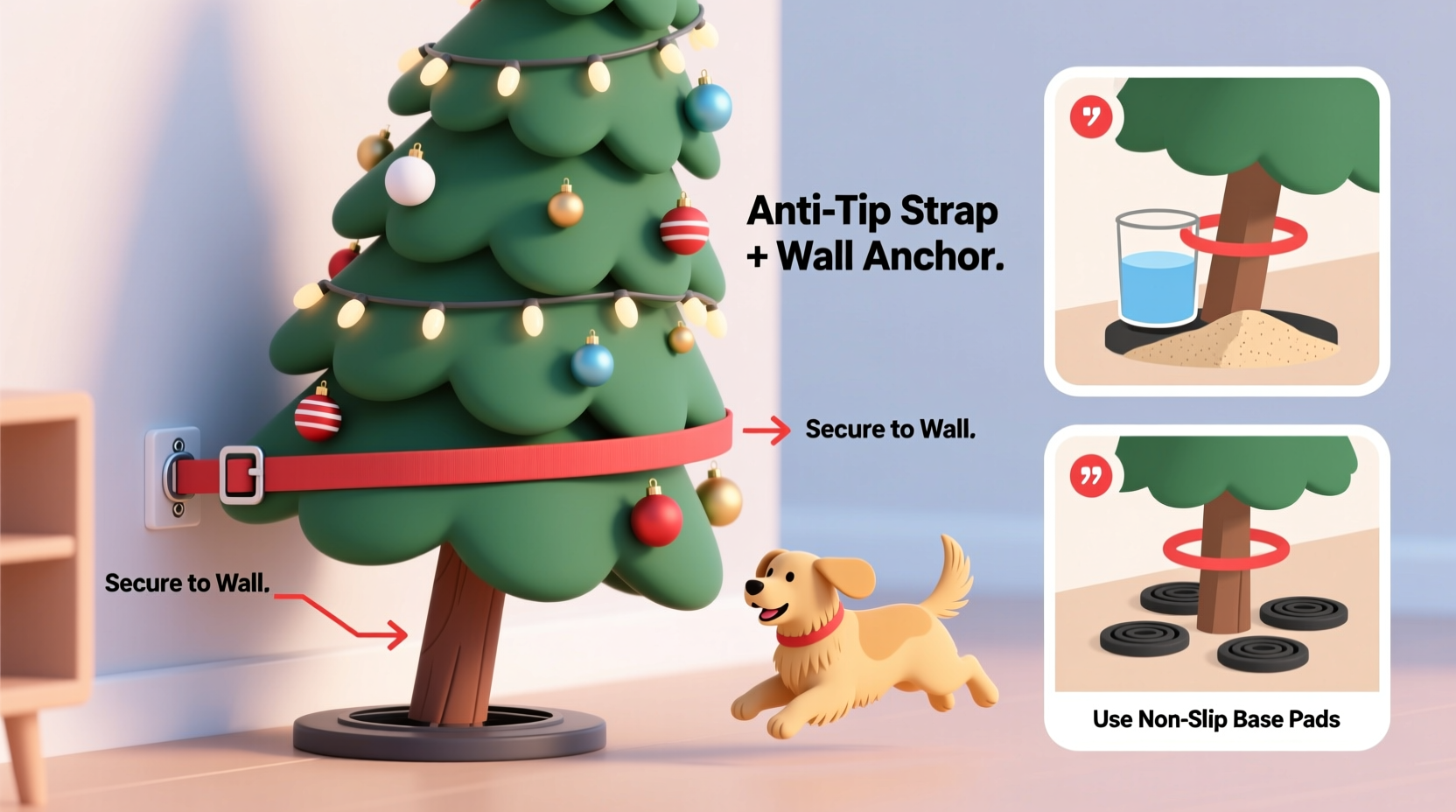how to secure christmas tree stands to prevent tipping with active pets