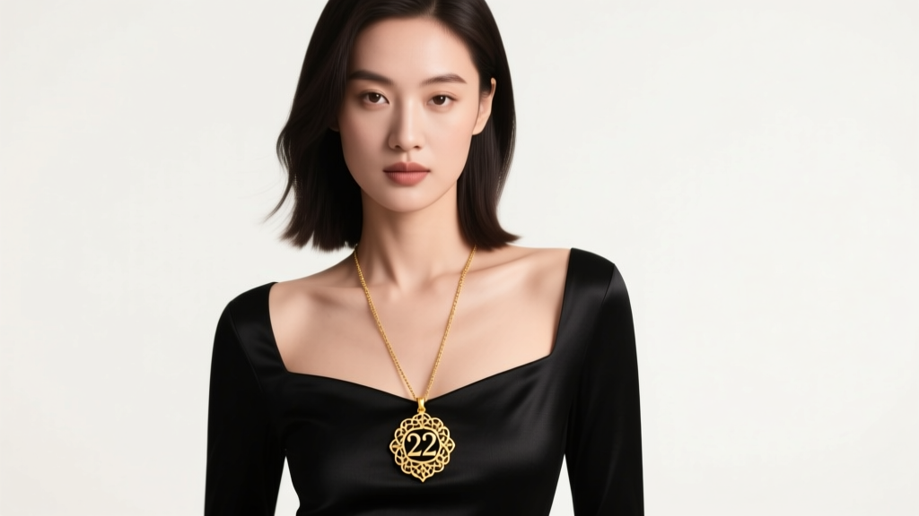 Model in black bateau top wearing a 22-inch gold matinee pendant, soft studio lighting, elegant fashion editorial portrait shot.