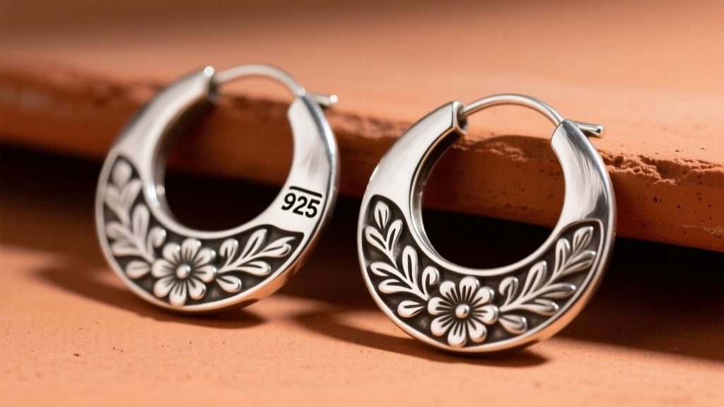 Hand-hammered Taxco sterling silver Mexican hoop earrings on terracotta, showing floral engravings and a 925 hallmark.