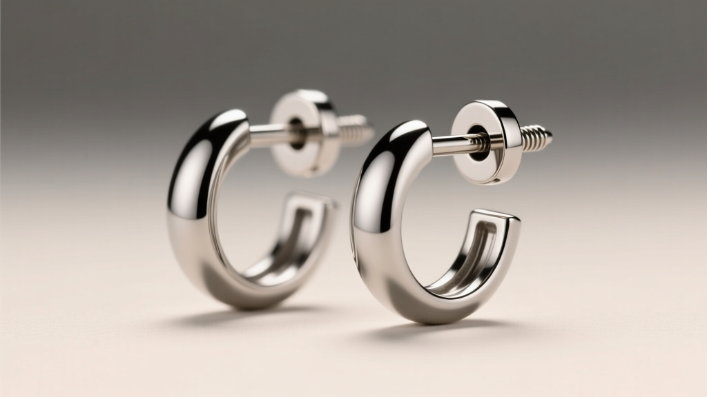 Close-up of ASTM F136 titanium infinity stud earrings with a secure screw-on backing, illuminated by soft studio lighting.