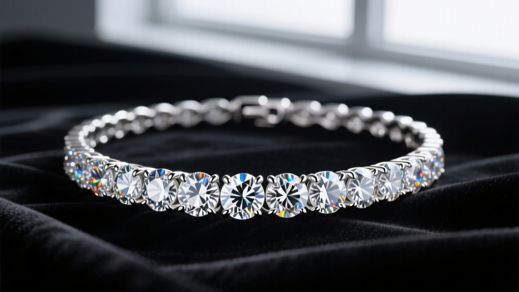 A glamorous 20-carat diamond tennis choker on dark velvet, featuring icy round brilliants in a platinum four-prong setting.