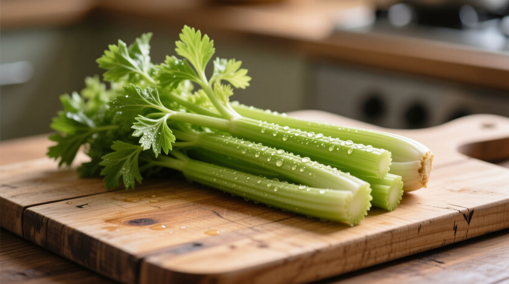 Fresh celery stalks with leaves on wooden cutting board