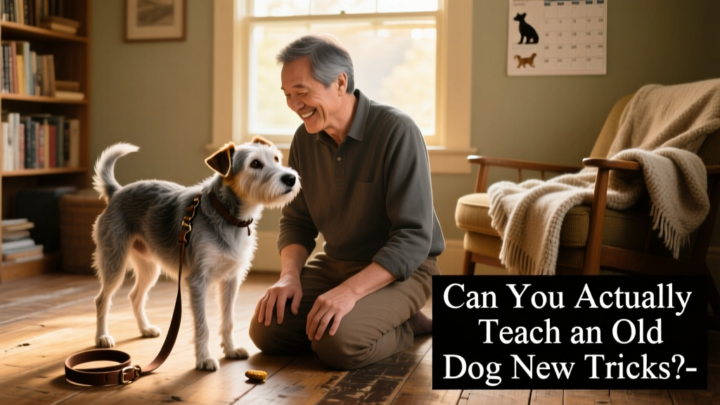 Smiling owner kneeling beside their senior terrier mix, both smiling as the dog rests their chin on the owner's knee during a quiet training moment