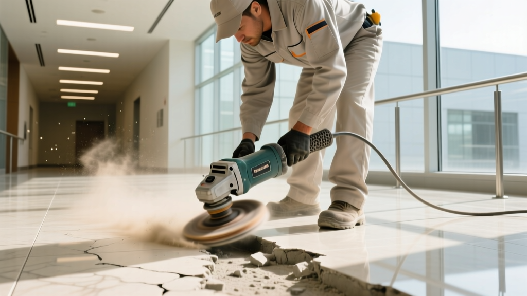 Contractor using a handheld planetary grinder to repair a spalled cream-polished concrete floor in a bright commercial lobby