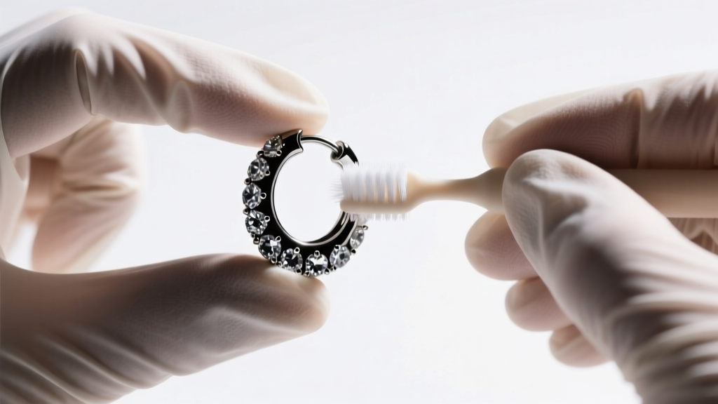Hands wearing nitrile gloves gently brushing a blackened silver diamond huggie earring with a soft baby toothbrush and mild soap.