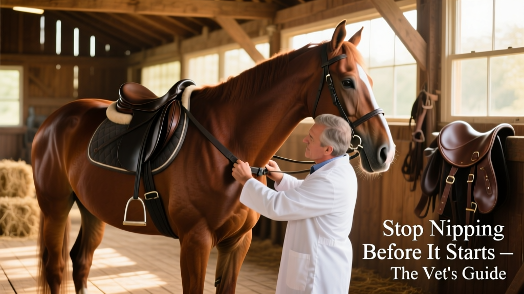 Veterinarian checking saddle fit and observing horse’s reaction to girth tightening