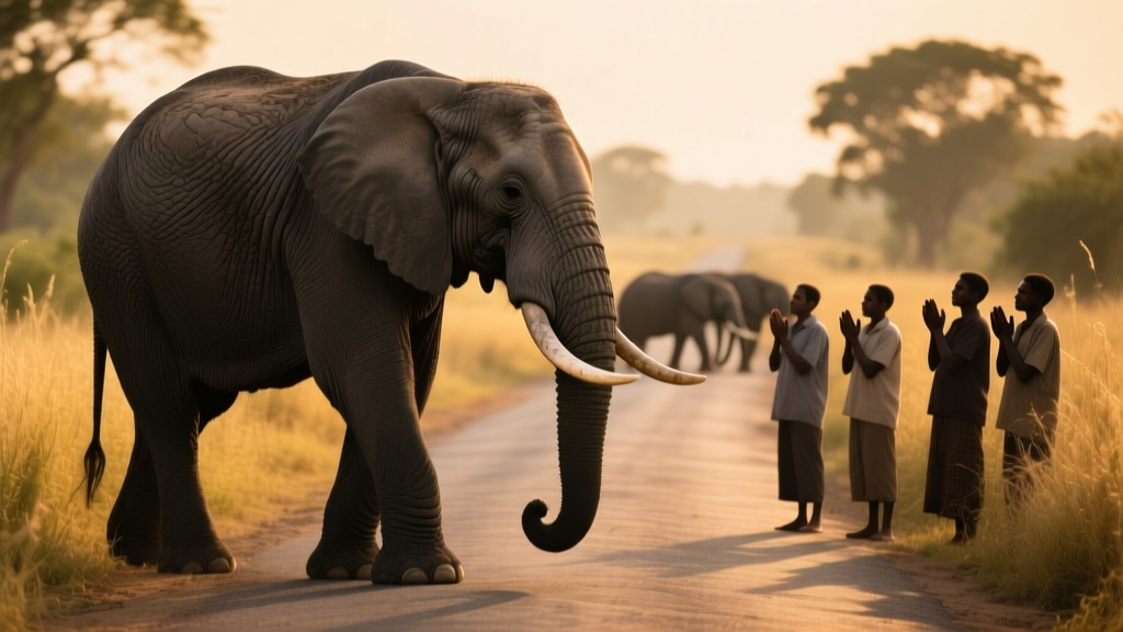 Grandma Elephant Stops to Say Thank You to Humans Who Let Herd Cross the Road in Front of Them