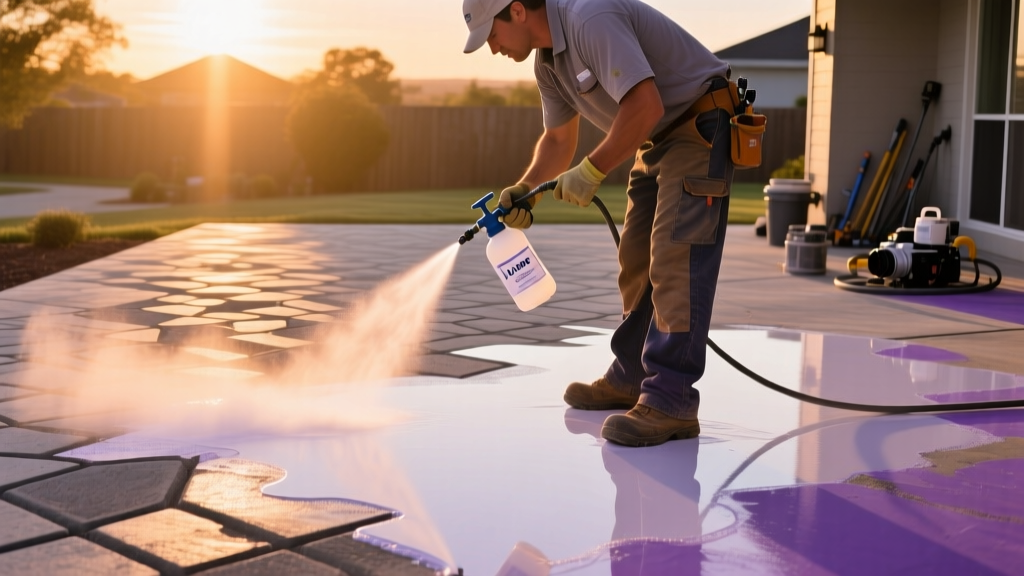 Contractor applying xylene solvent with a pump sprayer to revive a cloudy, whitened acrylic sealer on a stamped concrete patio at sunset