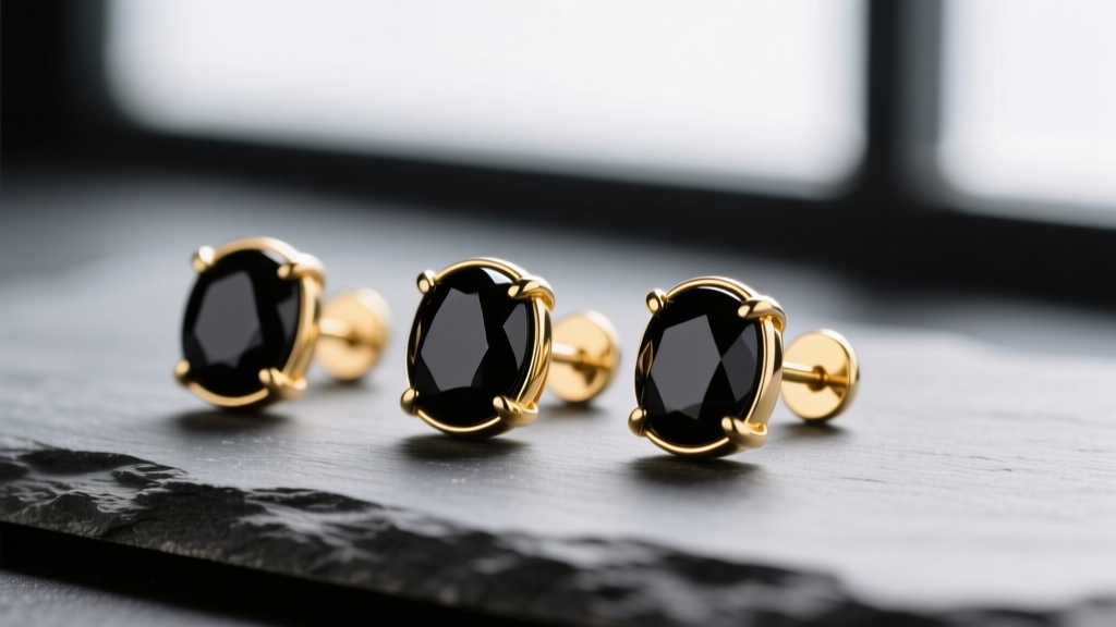 Close-up of 14k gold bezel-set black onyx studs on slate, highlighting the glossy cabochon and metal bezel under soft lighting.