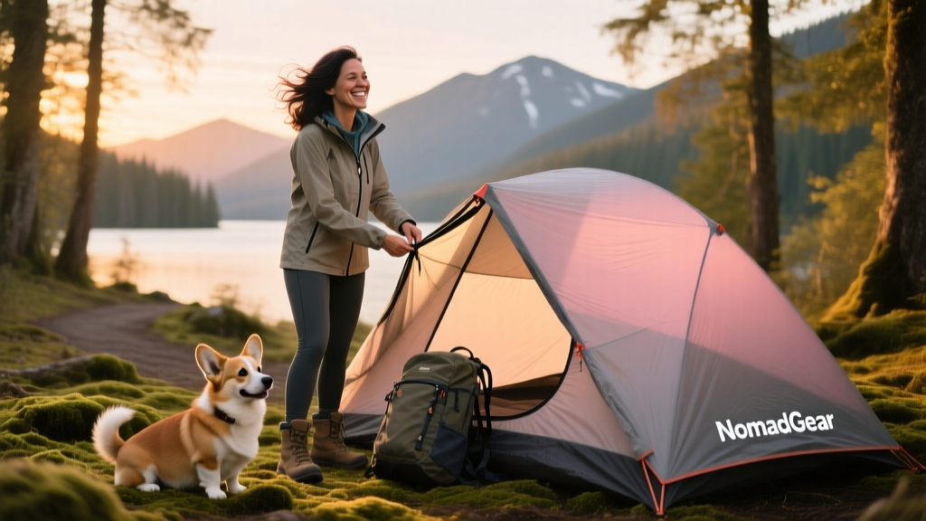Solo female traveler smiling as she zips shut her compact, weatherproof tent at dusk