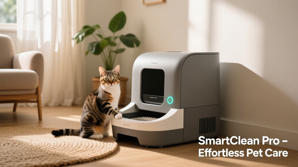 Modern self-cleaning litter box with sleek design, placed in a tidy home corner next to a relaxed cat