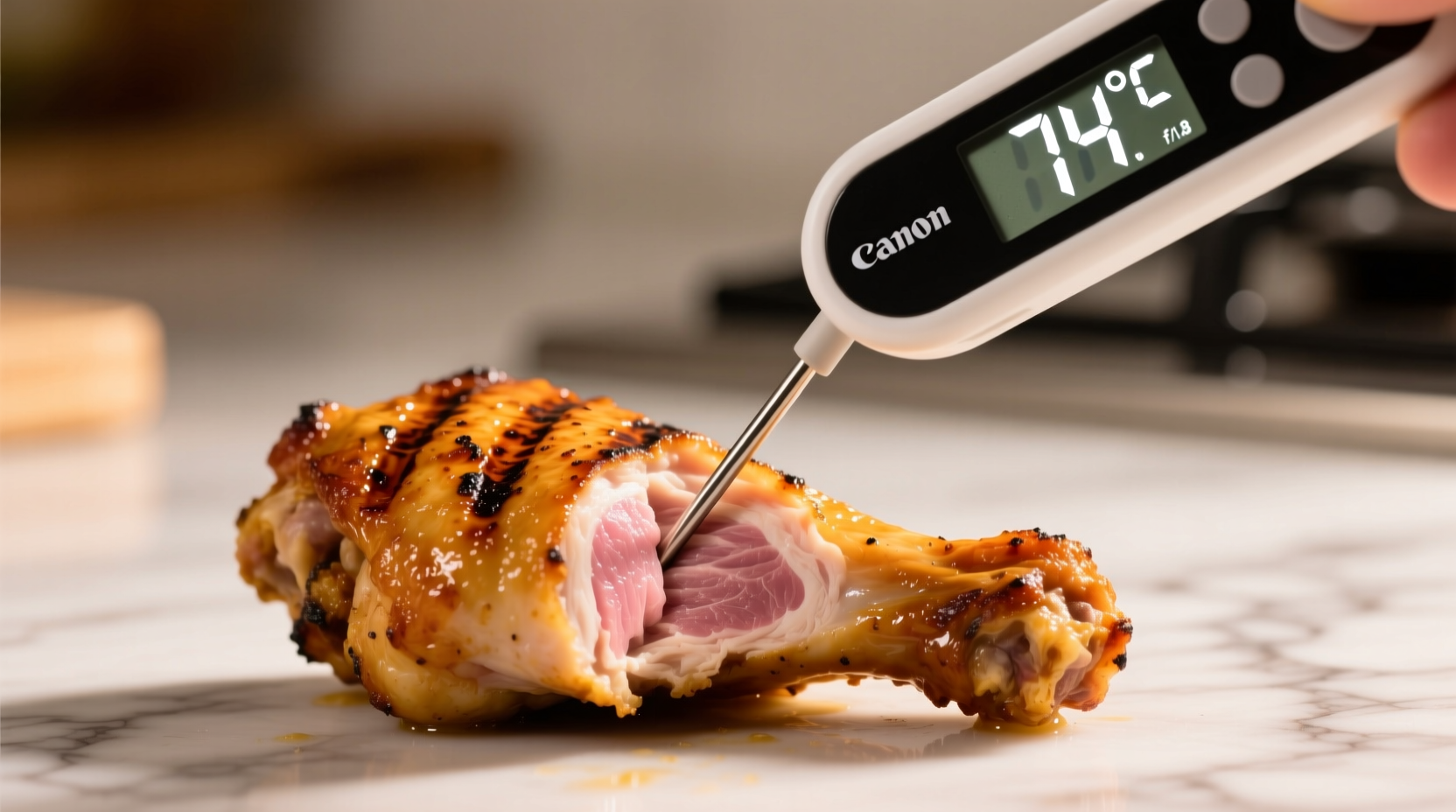 Digital thermometer measuring chicken wing internal temperature