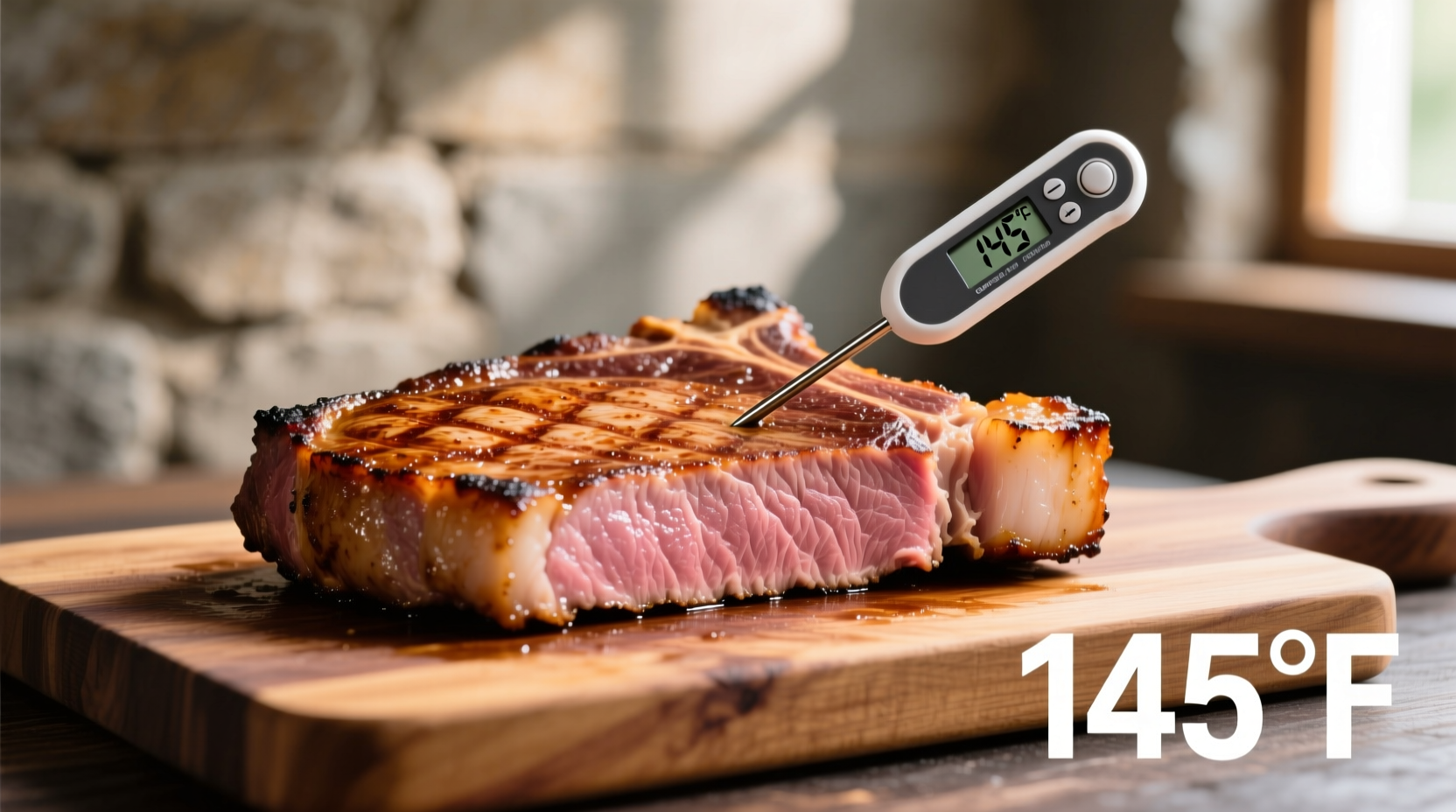 Perfectly cooked pork steaks with thermometer showing 145 degrees