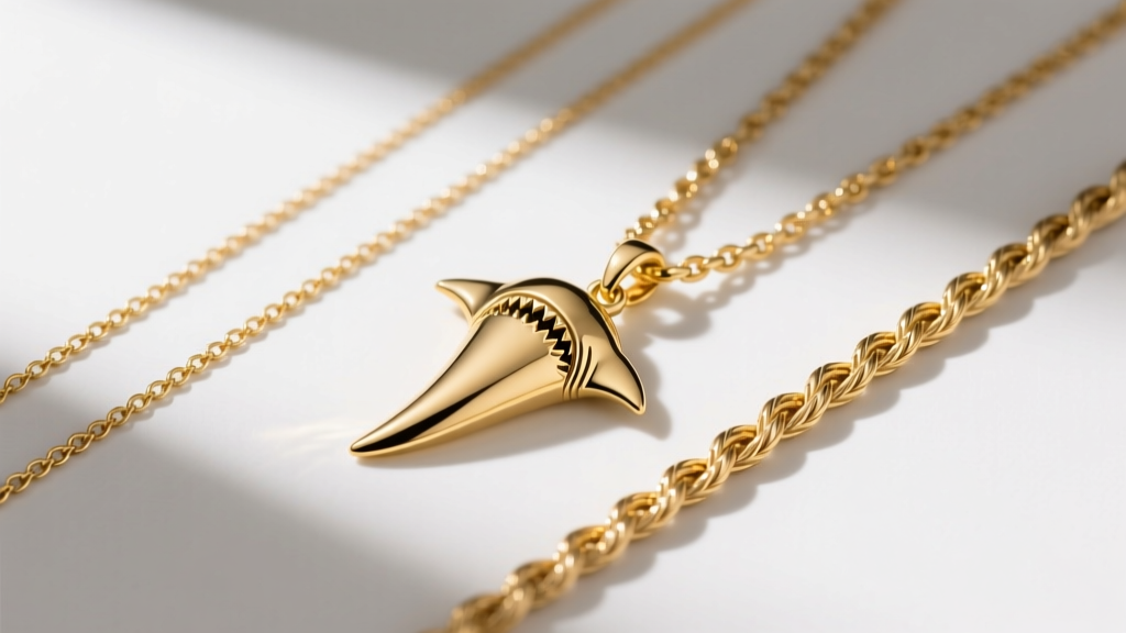 Flat-lay photo of a 2mm gold box chain, rope chain, and cable chain arranged beside a detailed cast gold shark tooth pendant.