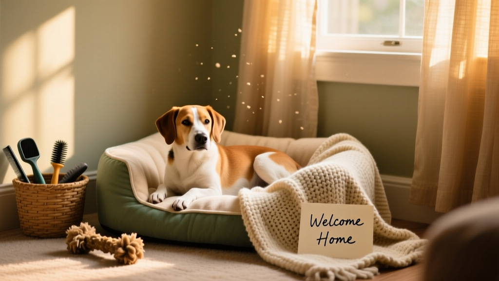 A cozy, softly lit corner with a dog bed, blanket, and chew toy — showing a peaceful, inviting safe space for a new dog