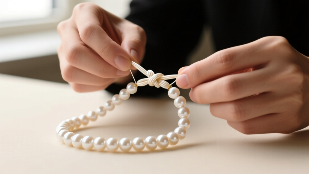 Jeweler tying a knot on a freshwater pearls necklace using silk thread, showing tight half-hitch knots between round white pearls.